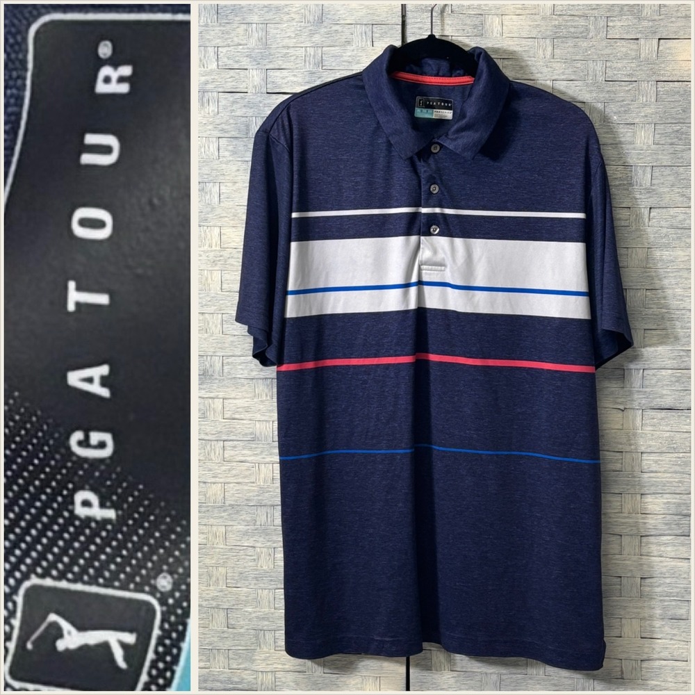 Mens PGA TOUR ProSeries Golf Polo Shirt XL Blue Stripe Athletic Fit Short Sleeve
